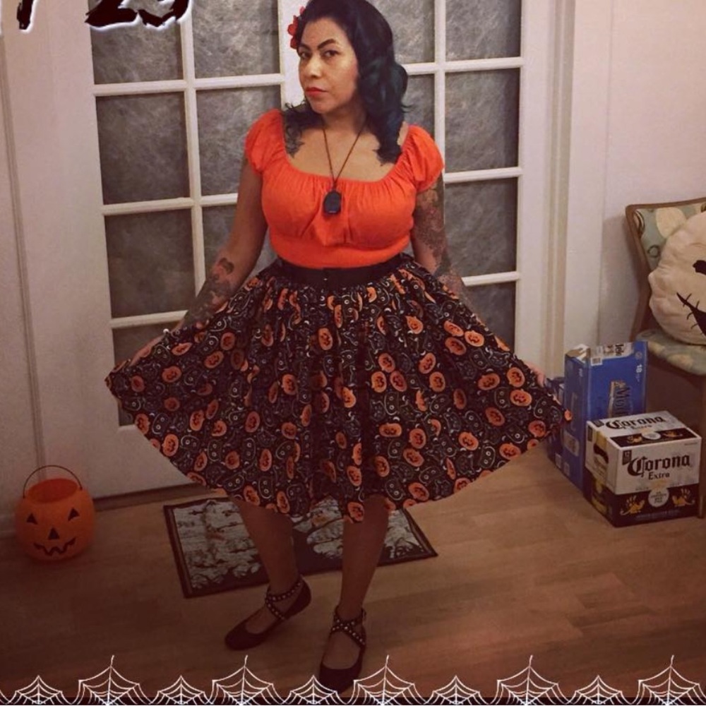 Handmade Halloween Pumpkin Black Cat Moon Owl Print Pinup Circle Skater Skirt